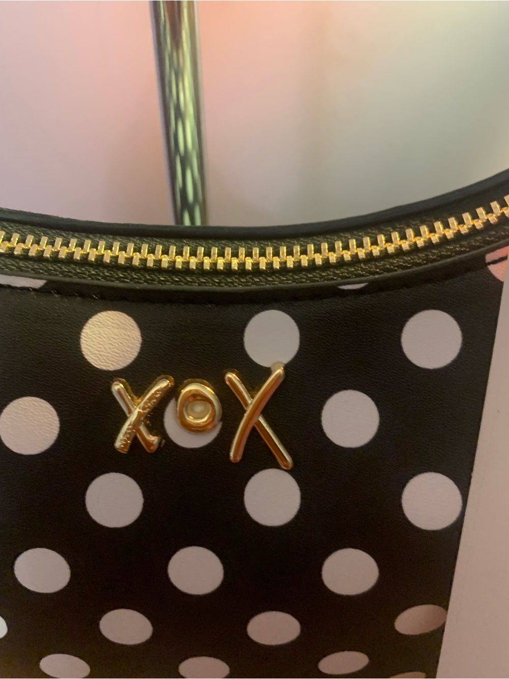 Betsey Johnson Black & White Polka Dot Crescent Satchel with Red Pom Pom - Picture 12 of 13